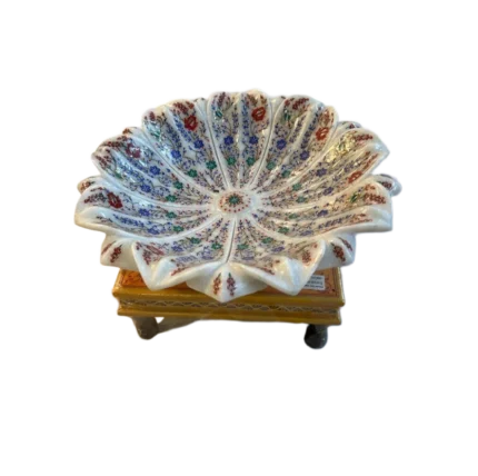 Hand-Painted Marble Lotus Bowl with Wooden Stand