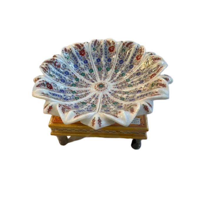 Hand-Painted Marble Lotus Bowl with Wooden Stand - Image 1