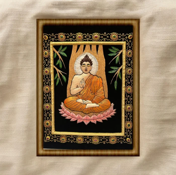 Framed Buddha in Bhumisparsha Mudra Under Bodhi Tree Art - Image 1