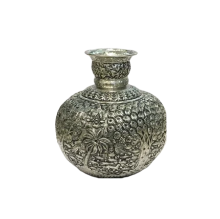 Intricately Carved Silver-Plated Globular Vase / Matka Pot