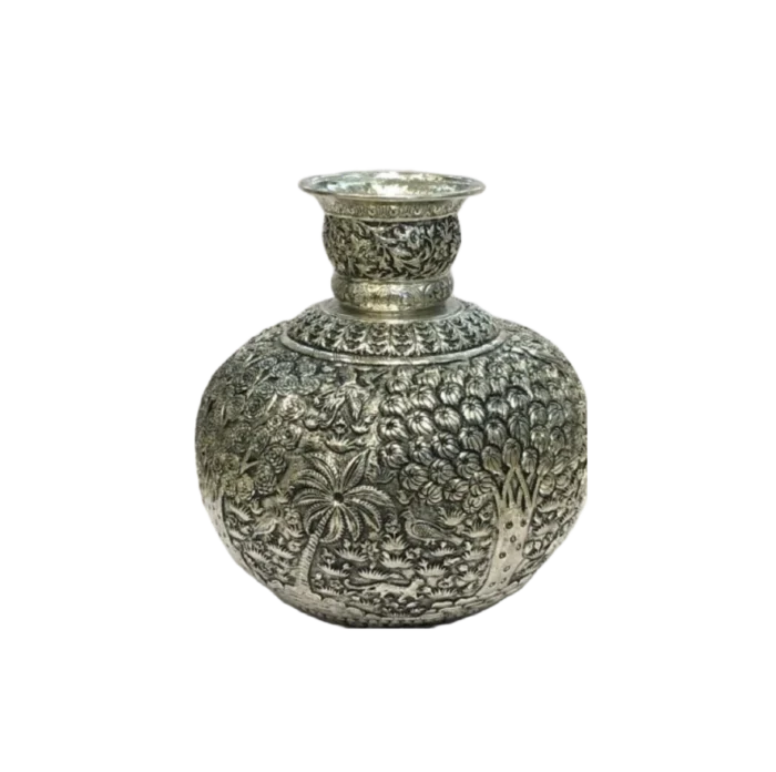 Intricately Carved Silver-Plated Globular Vase / Matka Pot - Image 1