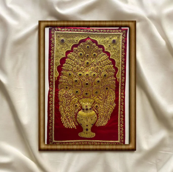 Exquisite Zardozi/Gota Patti Golden Floral Urn Embroidery Art - Image 1