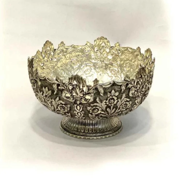 Regal Floral Embossed Silver Bowl – Handcrafted Decorative Centerpiece - Image 1