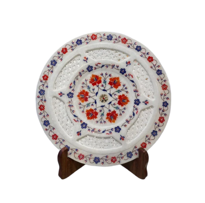Intricate Jali Work & Inlay Marble Plate - Floral Decorative Art - Image 1