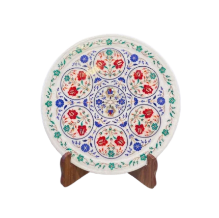 Hand-Inlaid Marble Decorative Plate - Circular Floral Motif