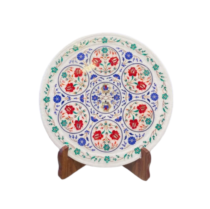 Hand-Inlaid Marble Decorative Plate - Circular Floral Motif - Image 1