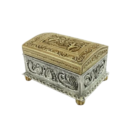 Ornate Carved Bone & Metal Keepsake Box with Peacock Motifs