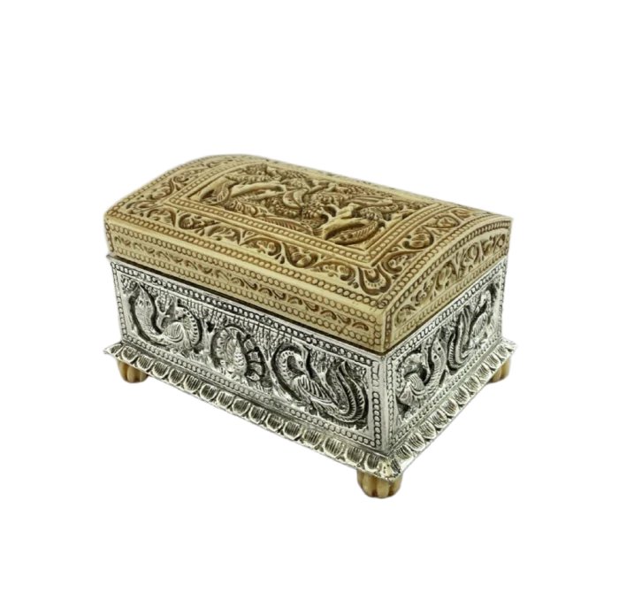 Ornate Carved Bone & Metal Keepsake Box with Peacock Motifs - Image 1