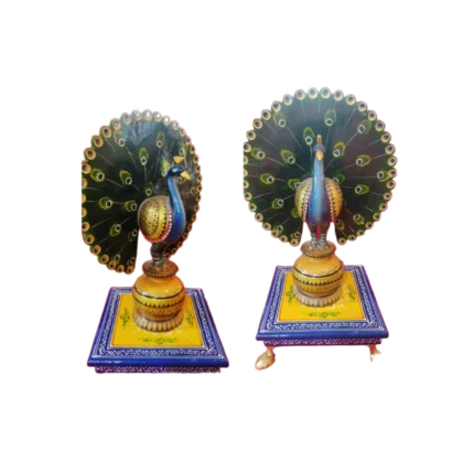 Handcrafted Wooden Peacock Showpiece with Painted Base