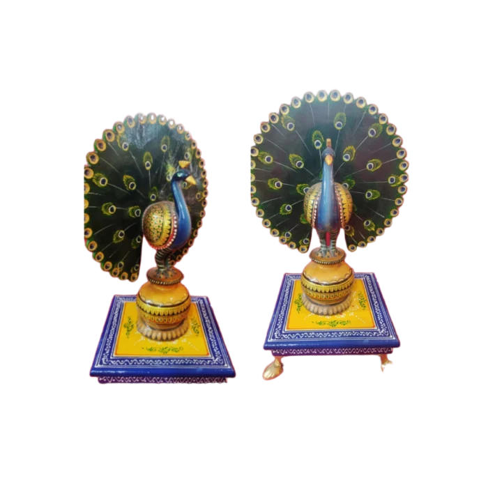 Handcrafted Wooden Peacock Showpiece with Painted Base - Image 1