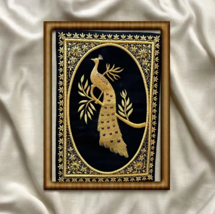 Zardozi Handcrafted Peacock Wall Frame – Royal Black & Gold