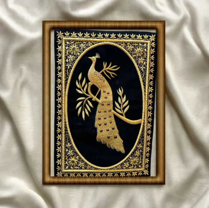 Zardozi Handcrafted Peacock Wall Frame – Royal Black & Gold - Image 1