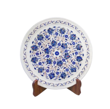 Hand-Inlaid Marble Decorative Plate with Lapis Floral Design