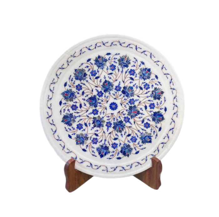 Hand-Inlaid Marble Decorative Plate with Lapis Floral Design - Image 1