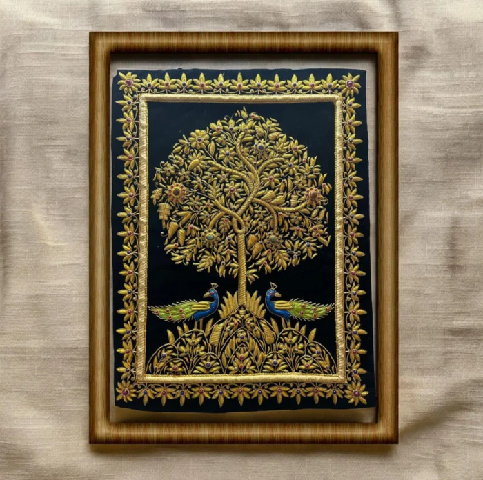 Luxurious Gold Thread Tree & Peacock Embroidery Framed Art - Image 1
