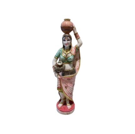 Hand-Painted Marble Indian Woman Figurine with Pots