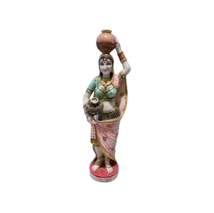 Hand-Painted Marble Indian Woman Figurine with Pots - Image 1