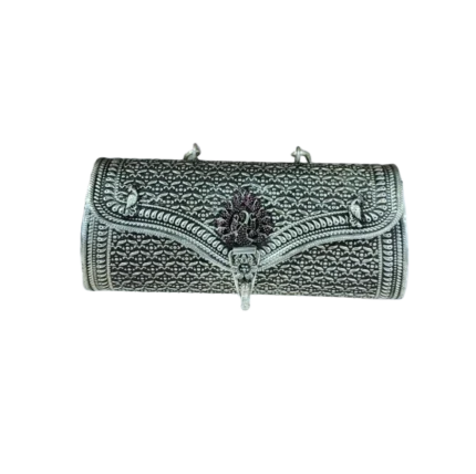 Oxidized Silver Metal Clutch Bag with Peacock & Filigree Design
