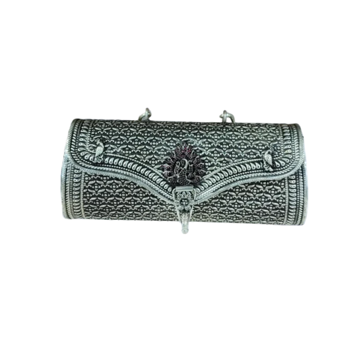 Oxidized Silver Metal Clutch Bag with Peacock & Filigree Design - Image 1