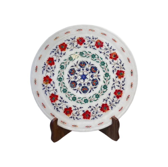 Handcrafted White Marble Inlay Decorative Plate – Floral Mughal Art - Image 1