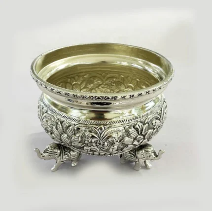 Ornate Silver-Plated Bowl with Elephant Feet and Intricate Carvings