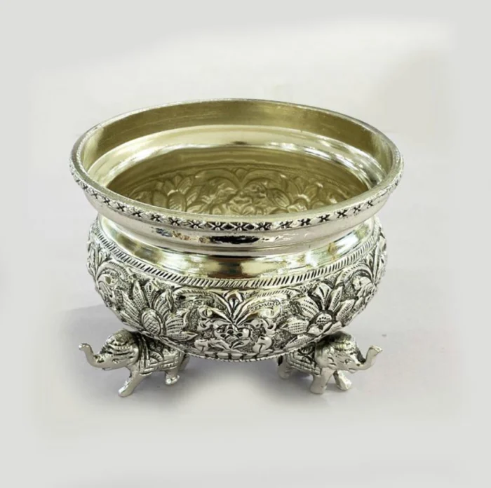 Ornate Silver-Plated Bowl with Elephant Feet and Intricate Carvings - Image 1