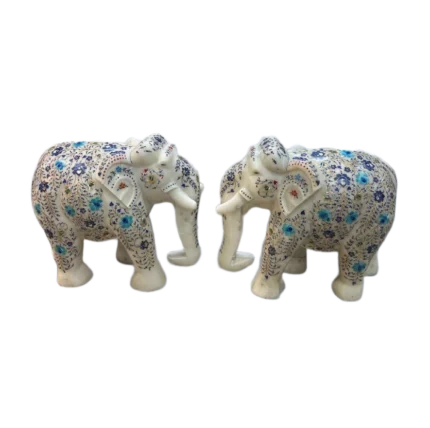 Pair of Hand-Painted Marble Elephant Figurines with Floral Motifs