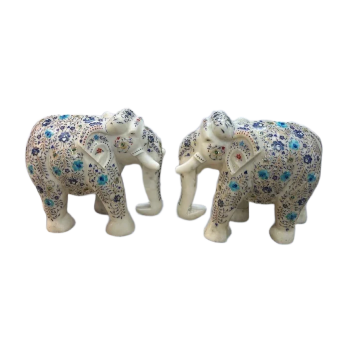 Pair of Hand-Painted Marble Elephant Figurines with Floral Motifs - Image 1