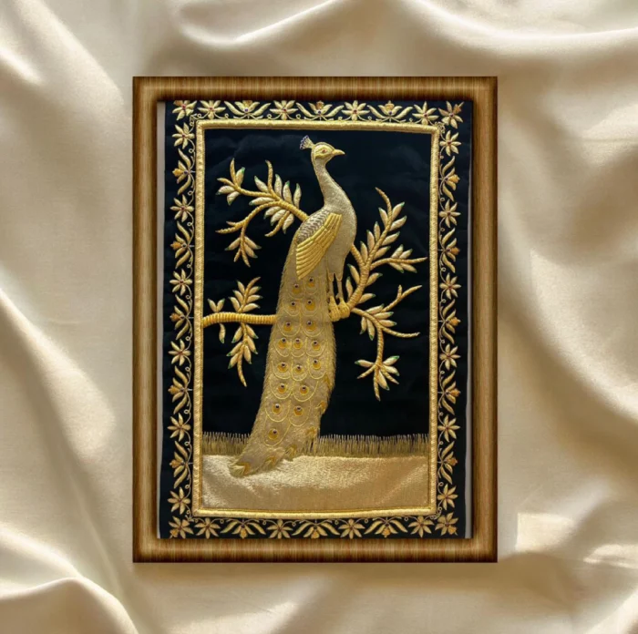 Zardozi  Handcrafted Peacock Wall Frame – Royal Black & Gold - Image 1