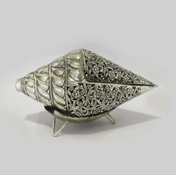 Handcrafted Pure Silver Shankh with Floral Filigree Work - Image 1