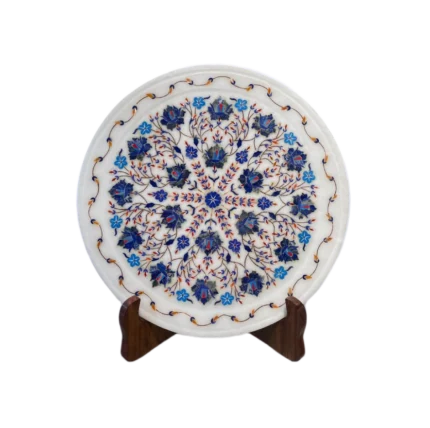 Elegant Marble Inlay Plate with Blue & Red Floral Motif