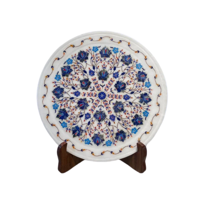 Elegant Marble Inlay Plate with Blue & Red Floral Motif - Image 1