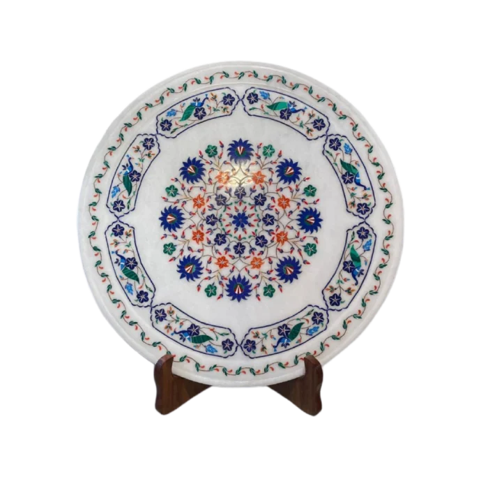 Hand-Inlaid Marble Plate with Vibrant Floral Pietra Dura - Image 1