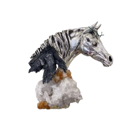 Unique Silver Horse Head Sculpture on Crystal & Marble Base