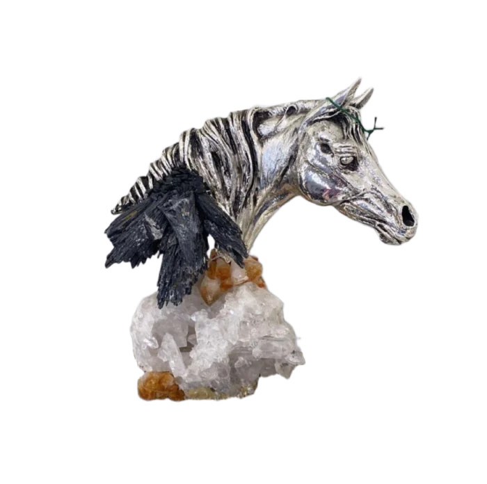 Unique Silver Horse Head Sculpture on Crystal & Marble Base - Image 1