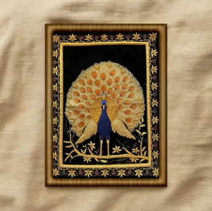 Regal Peacock Zardozi Embroidery Art - Framed Handcrafted Decor