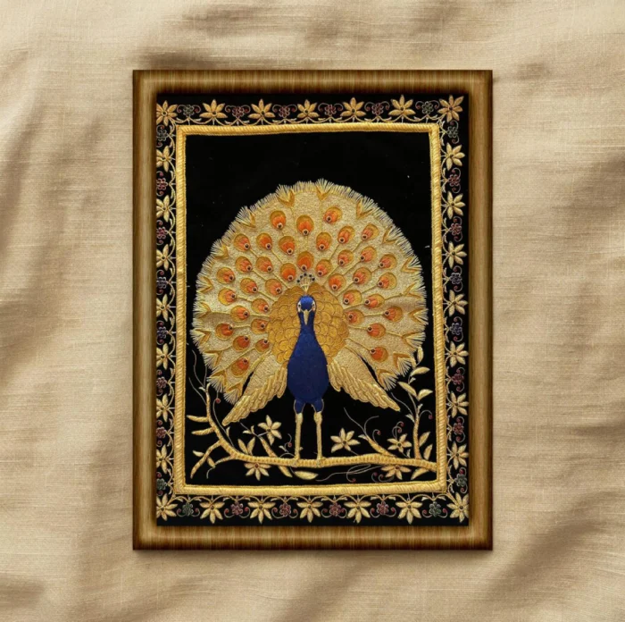 Regal Peacock Zardozi Embroidery Art - Framed Handcrafted Decor - Image 1
