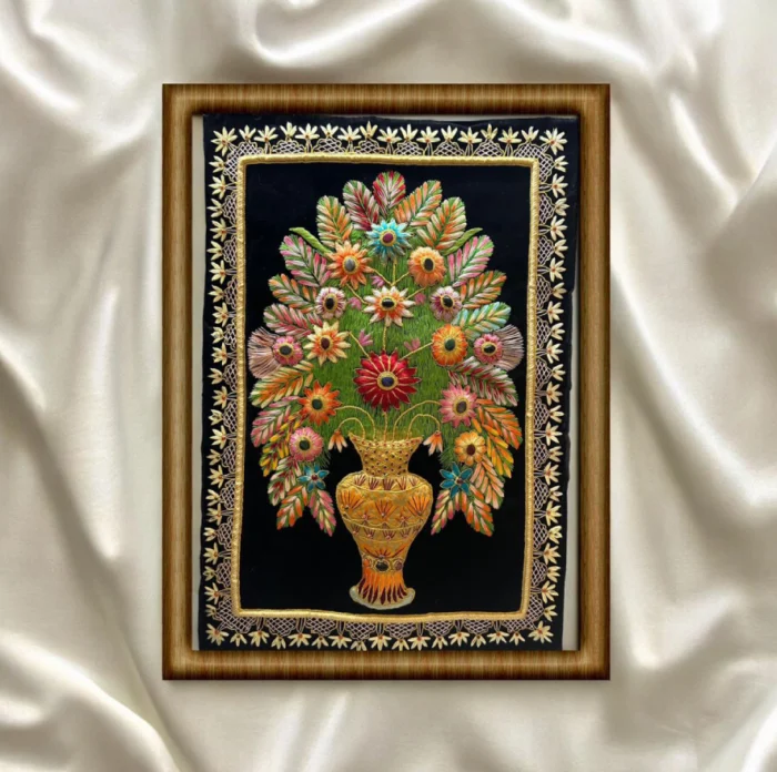Framed Vibrant Multicolored Floral Vase Embroidery Art - Image 1