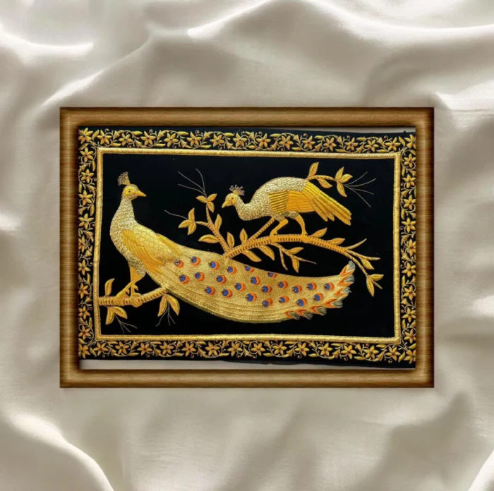 Two Golden Peacock Pair Embroidery Art on Black - Image 1