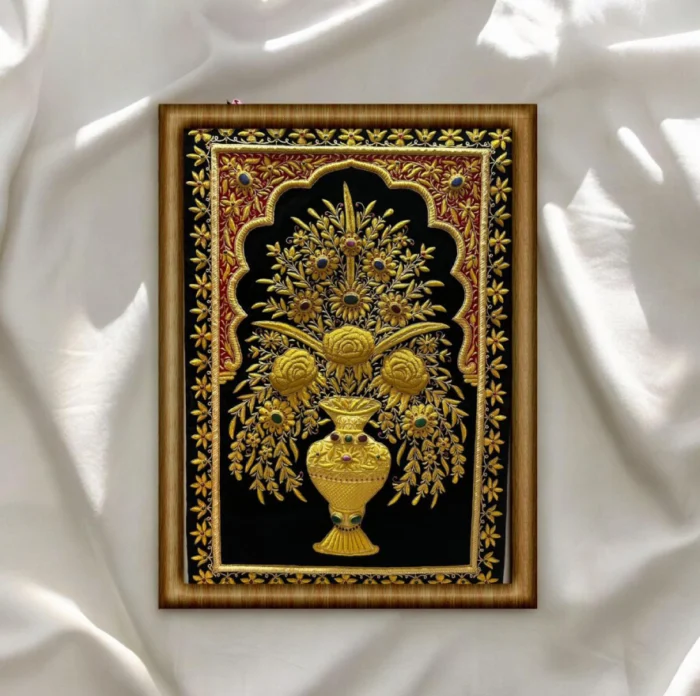 Golden Floral Vase Embroidery Art in Archway Design - Image 1