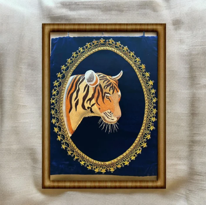 Embroidered Tiger Head with Golden Oval Border - Image 1