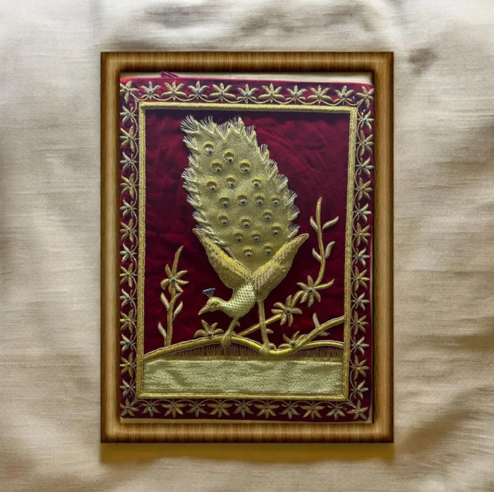 Framed Golden Peacock Embroidery Art on Red Velvet - Image 1