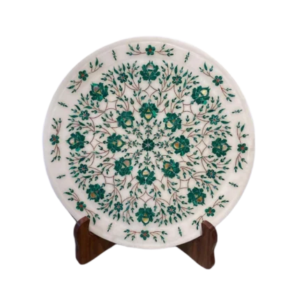 White Marble Inlaid Plate with Green Floral Design