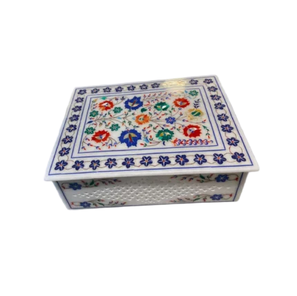 Hand-Inlaid Marble Jewelry / Keepsake Box with Multicolor Florals