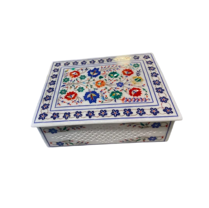 Hand-Inlaid Marble Jewelry / Keepsake Box with Multicolor Florals - Image 1