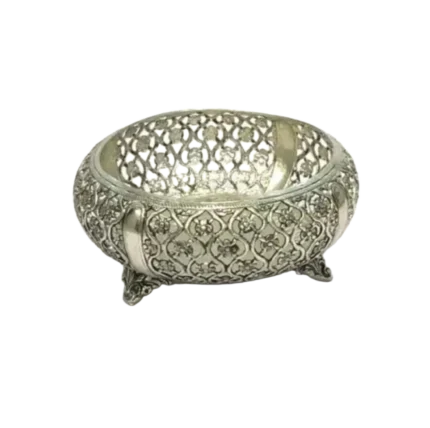 Ornate Silver-Toned Filigree Bowl with Floral Cutouts