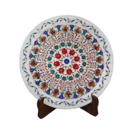 White Marble Inlaid Plate with Rich Multi-Color Floral Design
