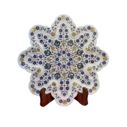 Star-Shaped White Marble Inlaid Plate with Blue Floral Design