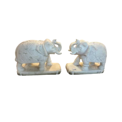 Pair of Carved White Marble Elephant Figurines