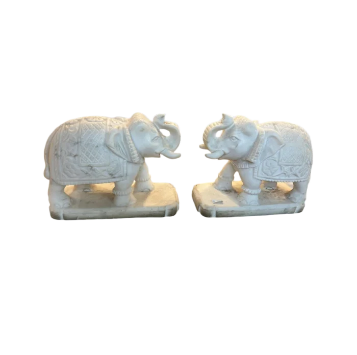 Pair of Carved White Marble Elephant Figurines - Image 1